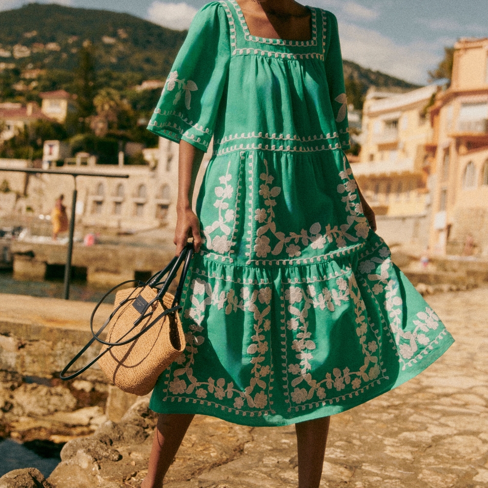 Sezane Sabine Green Flutter Sleeve Tiered Boho Embroidered Midi Linen Dress 34 2